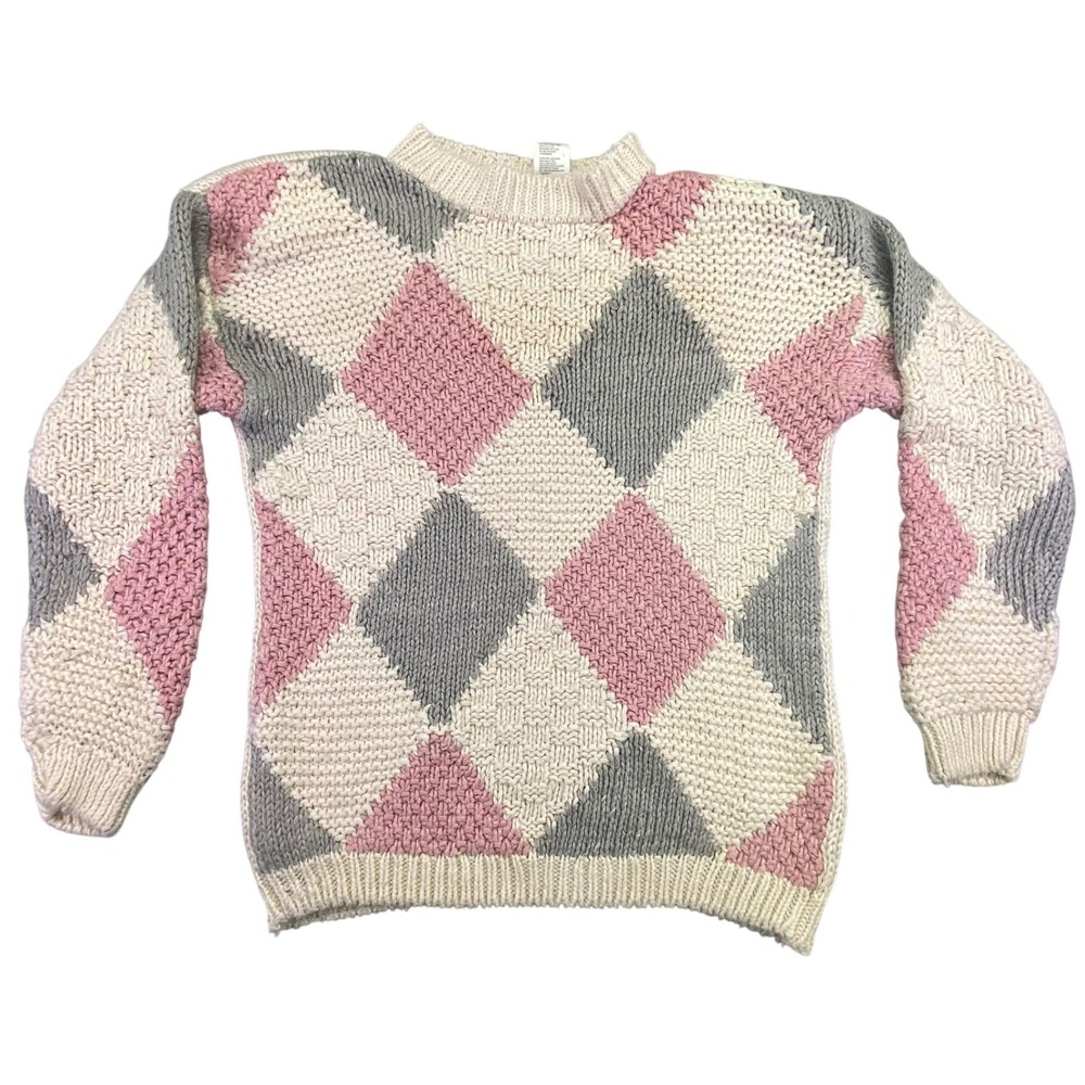 Needles‎ & Yarn Sweater Women's Large Diamond Pattern Knit Pink Grey Cream